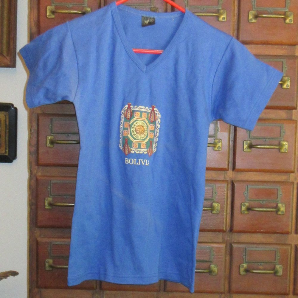 Blue V-Neck Cotton T-Shirt Art Bolivia